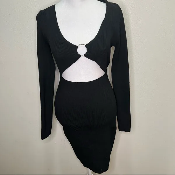 Pretty little thing black ribbed‎ knitted long sleeve Cut-Out Dress size M - Image 3