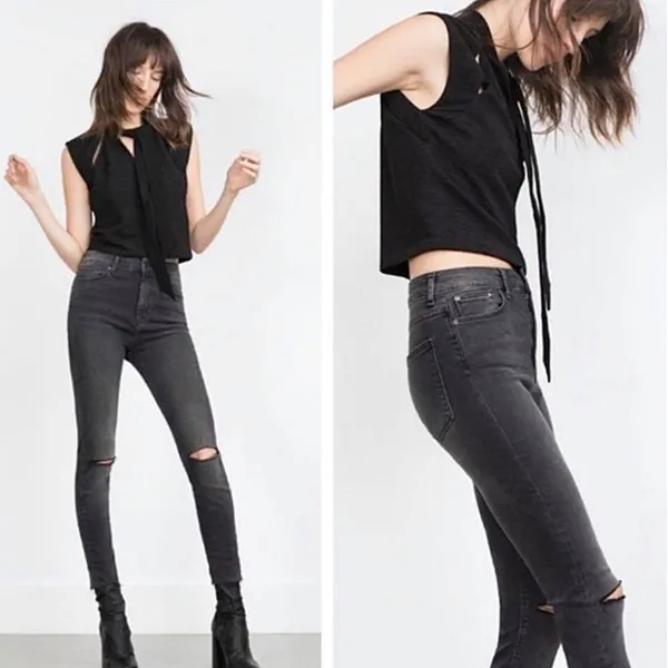 Zara Slit Front Cap Sleeve Cropped Tie Neck Top Black Size Small 5410/234/800 - Image 3