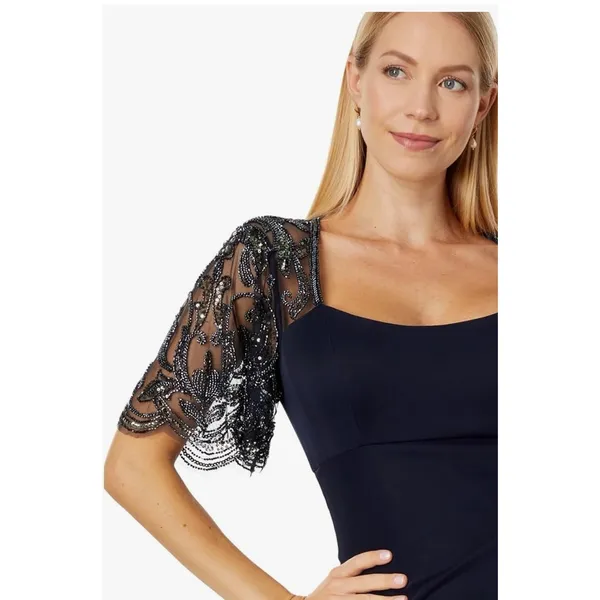 Xscape Long Sheer Matte Jersey Ruched 3/4 Bead Sleeve‎ Navy 5059X Size 6 - Image 9