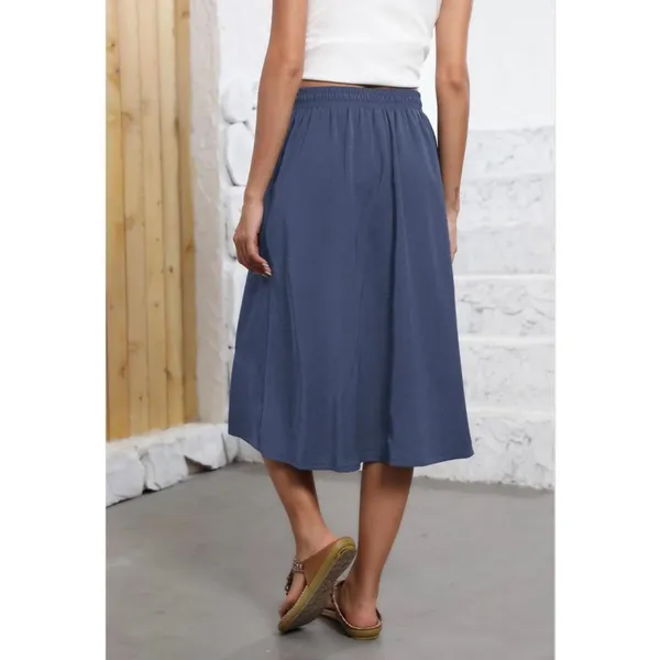 NEW Blue Flowy Elastic High Waist Pockets Midi Skirt L - Image 2