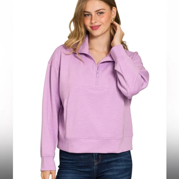 Zenana NEW Lavender Purple Scuba Half Zip Pullover Sweatshirt - S - Image 2