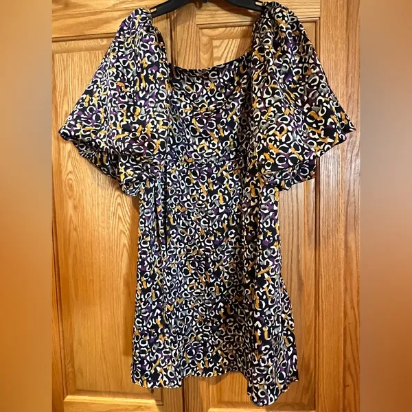 Nasty Gal Abstract Print Puff Sleeve Square Neckline Mini Dress‎ Size Medium - Image 5