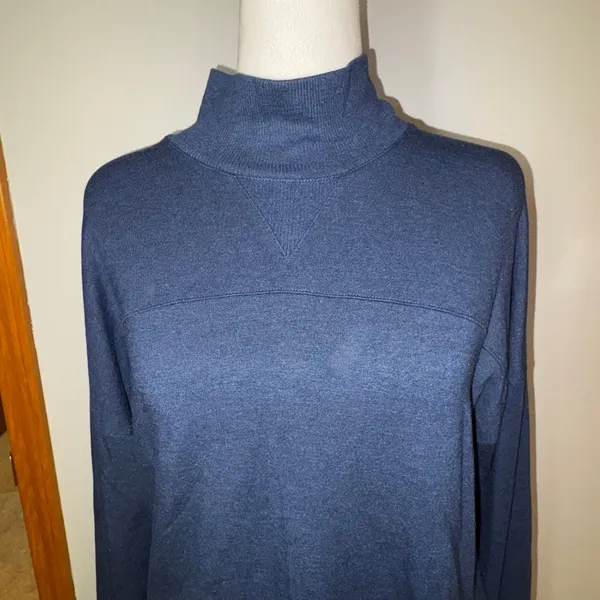 LL Bean Womens SoftFlex Blue Mock Neck Pullover Long Sleeve Thumb Hole Tunic Top - Image 3