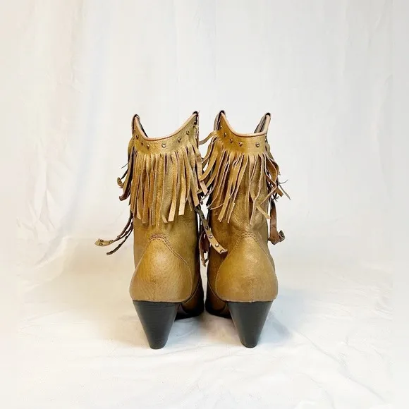 Santa Fe Boot Co Tan Leather Studded Rhinestone Fringe Cowgirl Western Boots~9~ - Image 5