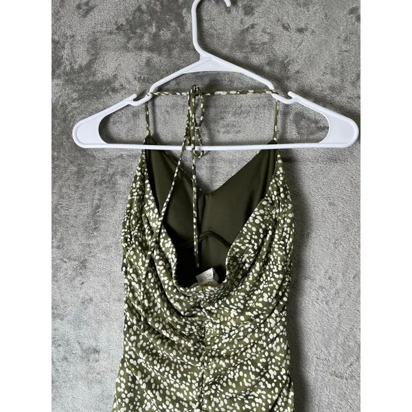 Vintage Y2K Olive Green‎ Ruched Halter Midi Dress Polka Dot Slip Dress Small - Image 4