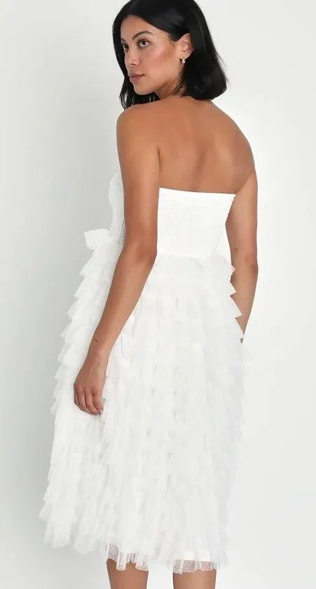 Lulus Prepare to Party White Mesh Swiss Dot Ruched Tiered Midi Dress - Image 2
