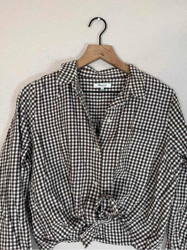 Madewell Gingham Flannel Tie Front Shirt Brown Gingham Check size Large $80 - Image 8