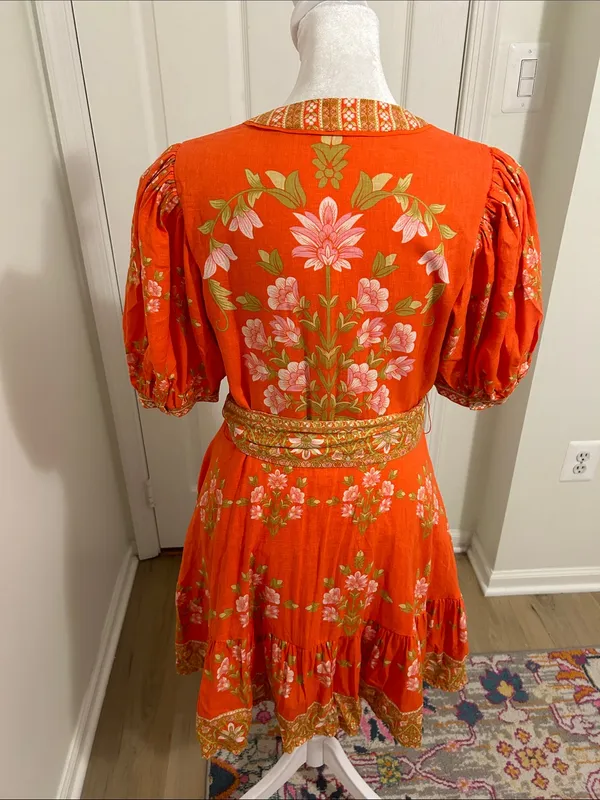 A Loves A Floral Puff-Sleeve Orange Belted Linen Mini Dress New Size Small - Image 11