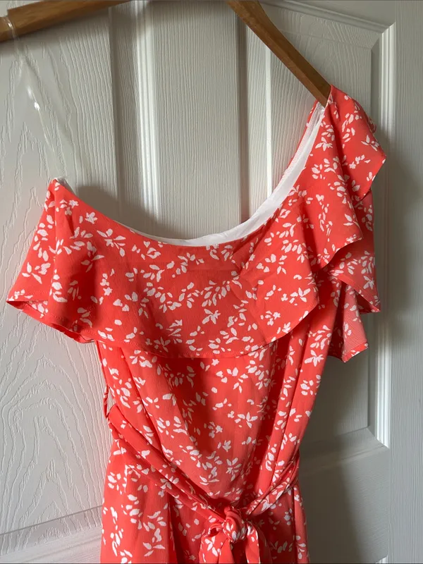 Gilli Sunday Best Floral Ruffle One Shoulder Coral Belted Dress Sz Med Fairycore - Image 4