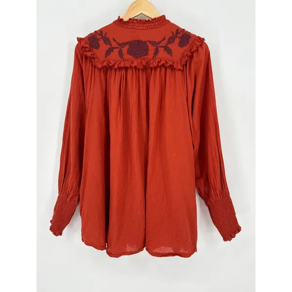 Free‎ People Rose Vines Top Women Small Rust Orange Embroidered Ruffle Smocked - Image 5