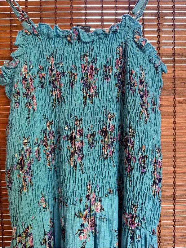 Vintage Angie Turquoise Floral Smocked Cottagecore Midi Dress M - Image 8