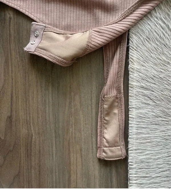 Privacy Please Bodysuit Tan Ribbed Long Sleeve Snap Front Top - Image 11