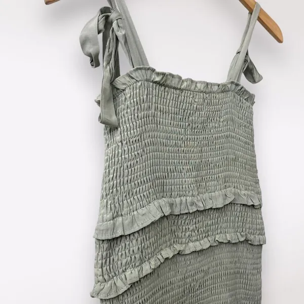 Mable L Light Green‎ Badale Smocked Ruffles Fitted Mini Dress Satin Stretch - Image 4