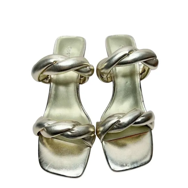 Open Edit Sandals Size 6.5 Gold Metallic Twisted Double Strap‎ Slip On Heels - Image 6