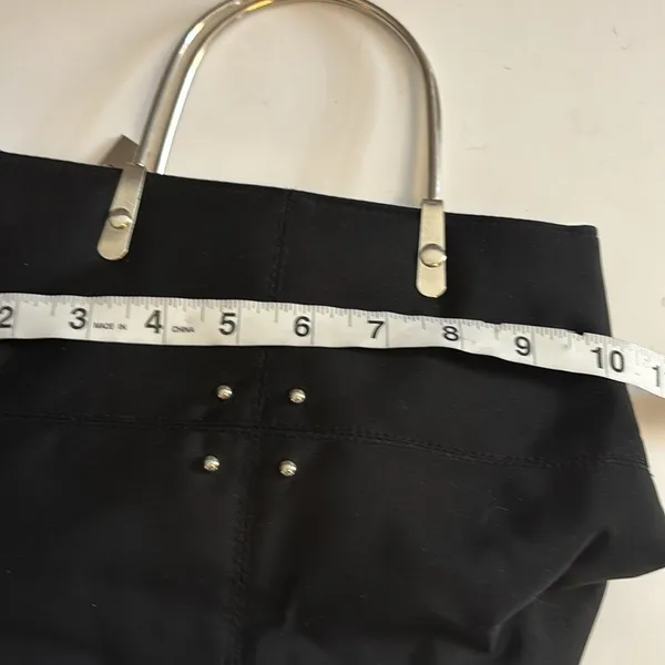 BLACK HANDBAG WITH SILVER METAL HANDLES NYLON MATERIAL 4 SILVER STUD DESIGN - Image 10