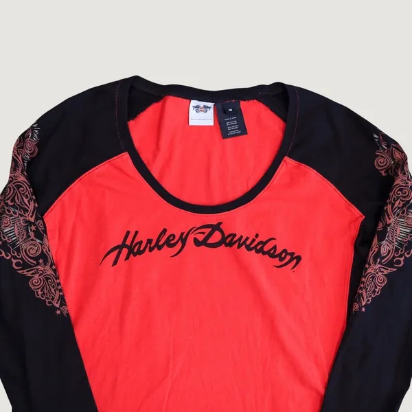 Harley-Davidson Graphic Long Sleeve Top Womens 1W Red Black Tribal Biker Y2K - Image 3