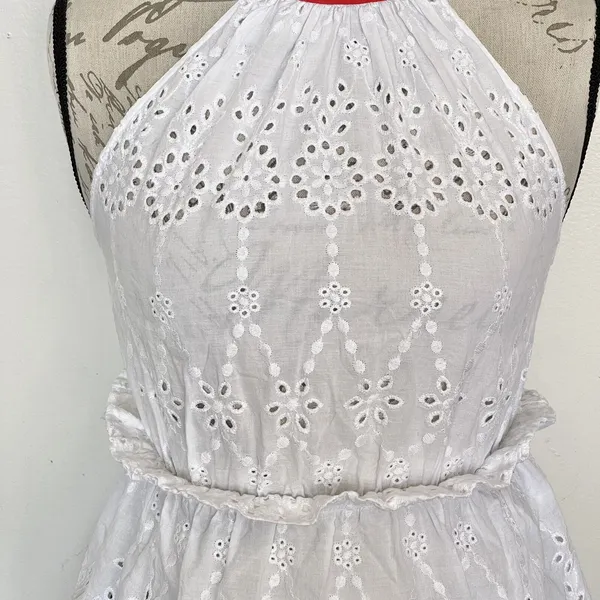 Zara Basic Denim Top Tank XS White Crochet Eyelet Bohemian Boho Chic Cottage - Image 6