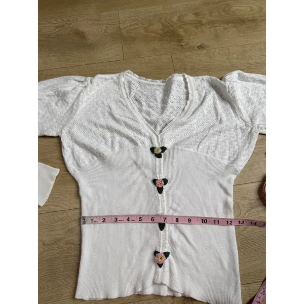 y2k Unique Pointelle white knit sweater Balletcore Cottagecore Grandmacore sz S - Image 8