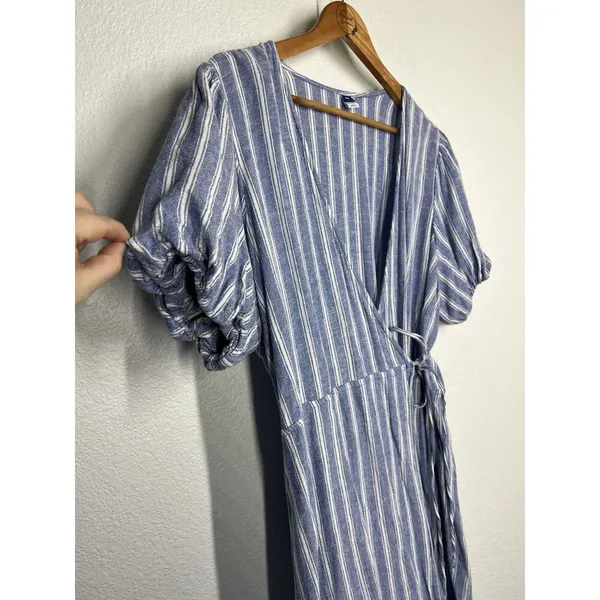 Old Navy XXL Striped Puff Sleeve Mini Wrap Dress Blue White - Image 3