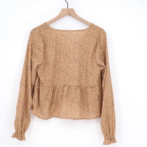 SHEIN Tan Dalmatian Dot V-Neck Peplum Blouse Front Tie Long Sleeve Top Large - Image 5