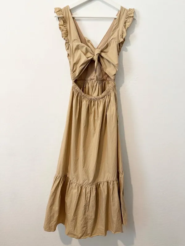 Mable Cotton Poplin Tiered Midi Dress Size Small Tan Cottagecore Milkmaid Boho - Image 12
