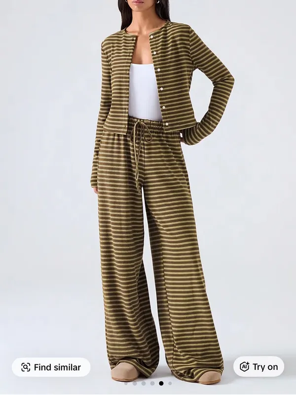 NWOT DolceAmara Striped Wide Leg Pant and Cardigan Set in Brown - Image 3