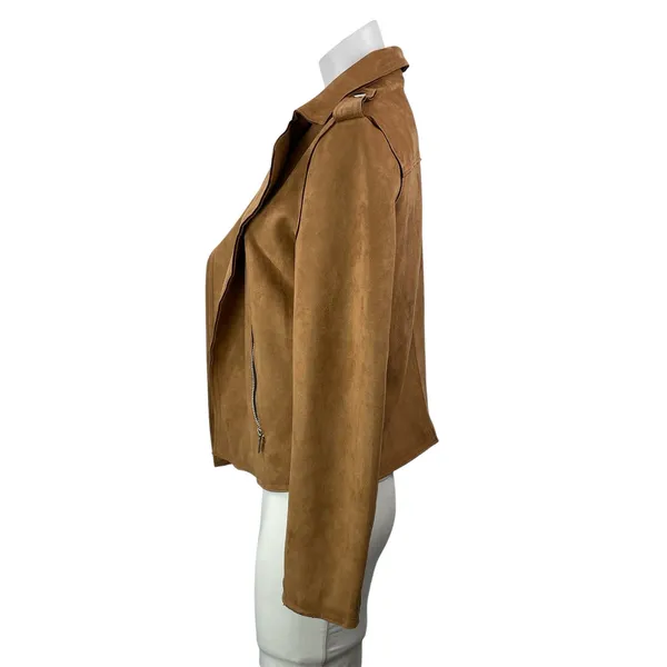 Tahari Women's Cognac Brown Faux Leather Vegan Cropped Moto Coat Jacket Size M - Image 2