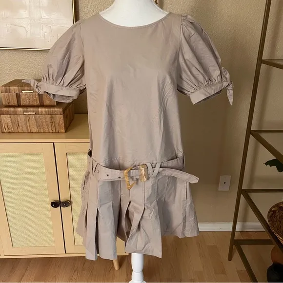 FREE PEOPLE NWOT Sevi Mini‎ Dress Belted Pleated Puff Sleeve Size Large - Image 5