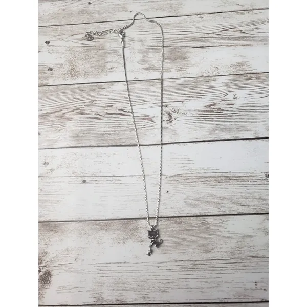 Silver Tone Cat with Fish Pendant Necklace - Whimsical - Image 2