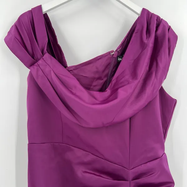 Lavish Alice Mya Midi‎ Dress Size 14 Off Shoulder Cocktail Satin Ruched Purple - Image 5