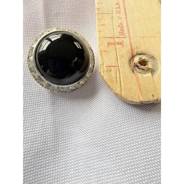 Vintage Black Cabochon Rhinestone Clip On Earrings Silver Tone Statement - Image 5