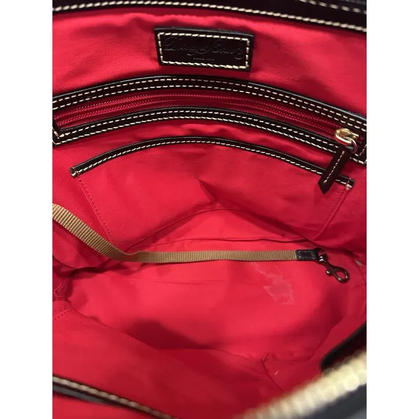Dooney & Bourke Satchel Black Pebble Leather Zip Close W/ Strap Red Lining EUC - Image 6