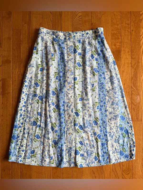 LC Lauren Conrad Blue Floral Stripe Button Front Midi Skirt Elastic Waist Medium - Image 8