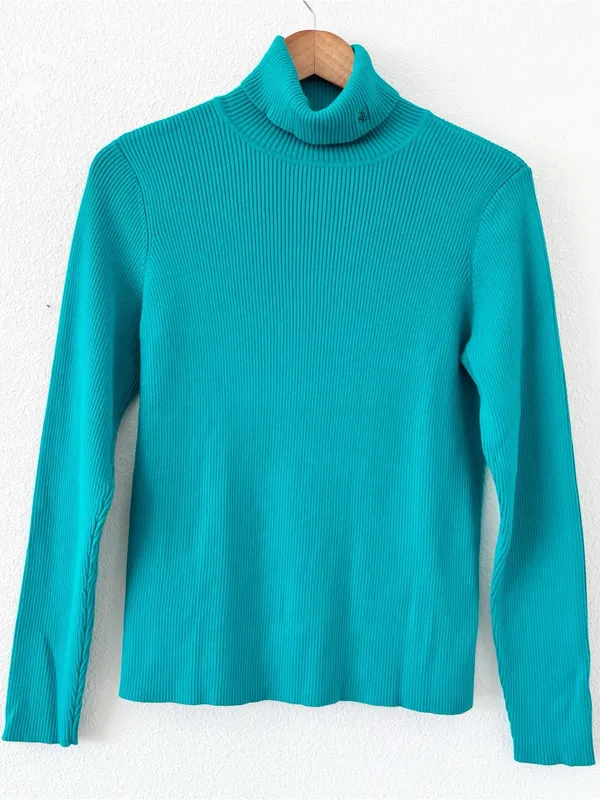 Vintage Lauren Ralph Lauren Teal Ribbed Cotton Turtleneck Sweater - Image 3