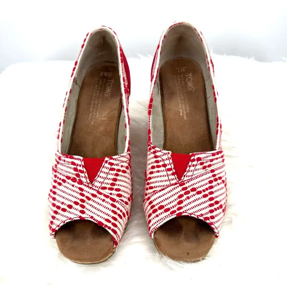 Toms size 6.5 red white‎ wedge heels peep toe slide on - Image 2