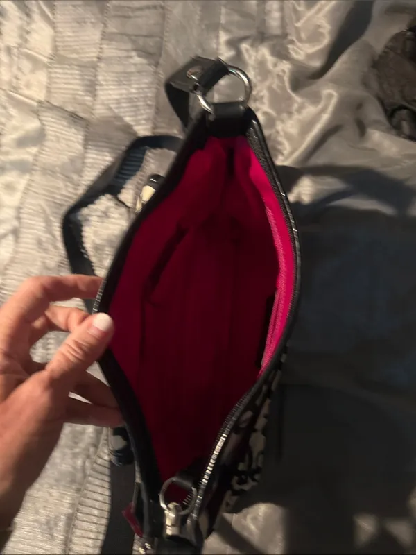 Coach Cream Crossbody Bag with Black Floral Script and Red Accents - Image 3