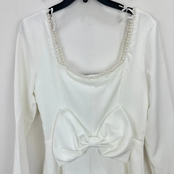 Lulus Luminous Aesthetic White Pearl Bow Long Sleeve Romper Wedding Bridal S NWT - Image 8