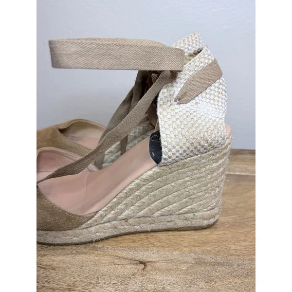 Gaimo Tan Suede Espadrille Wedges Ribbon Ankle Tie Made in Spain EU 37 - Image 4