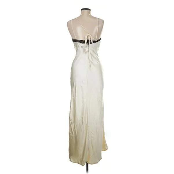 Here Comes The Sun Ivory Black Lace Cutout Maxi Dress Y2K Satin Slip Formal - Image 6