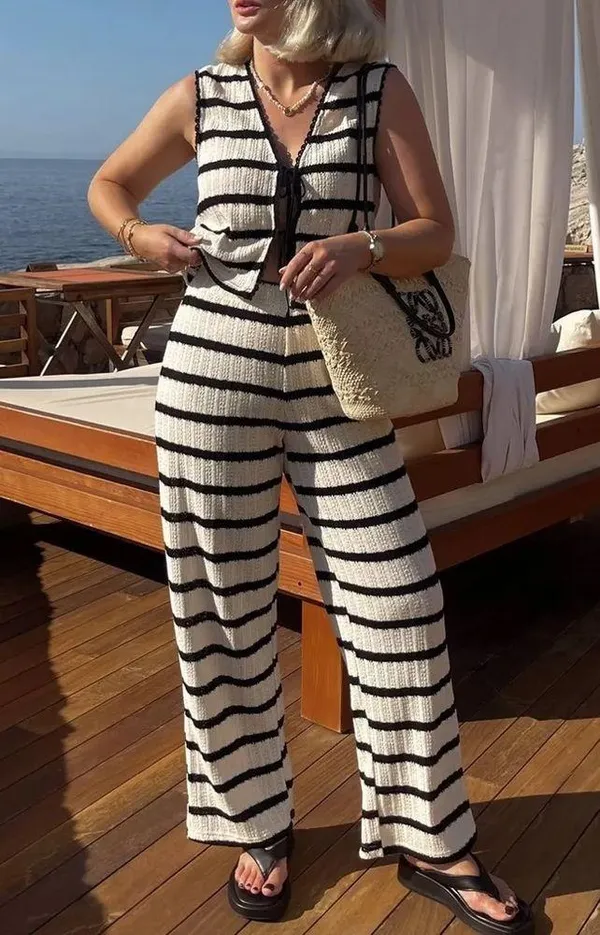 Mango knit set tie front top pants striped white black cream sleeveless long - Image 7