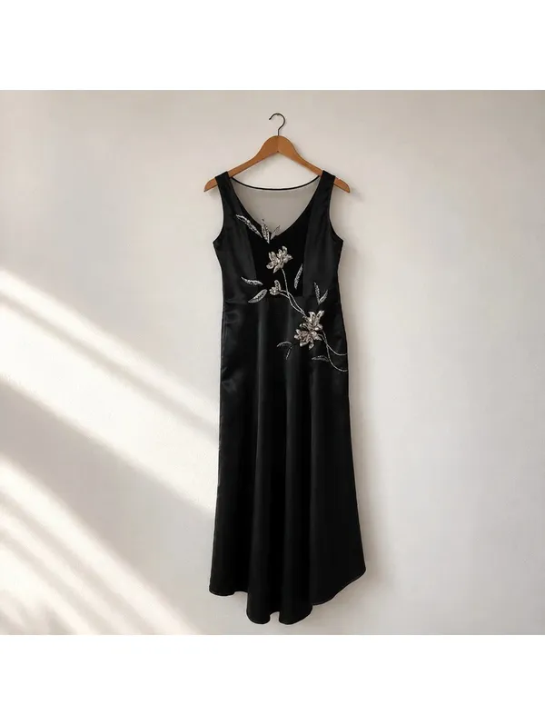 Together Black Beaded Floral Evening Gown Maxi Dress Sheer Back Size 8 - Image 2