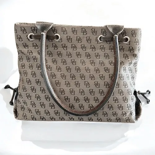 Dooney & Bourke Signature Monogram Tote Bag Brown Canvas Leather Trim Drawstring - Image 3