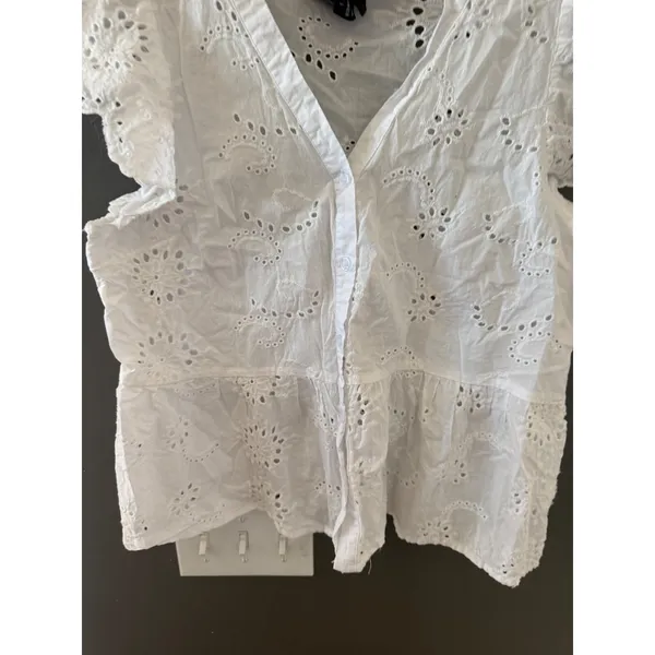 Liv Los Angeles Womens White Eyelet Lace Button Front Peplum Top‎ Ruffle Cottage - Image 3