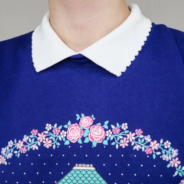 Vintage 90s Purple Floral Gazebo Graphic Collared Sweatshirt - Image 3