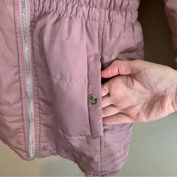 Long Puffer Coat Fur Lined Pink Hoodie Pockets DKNY - Image 2
