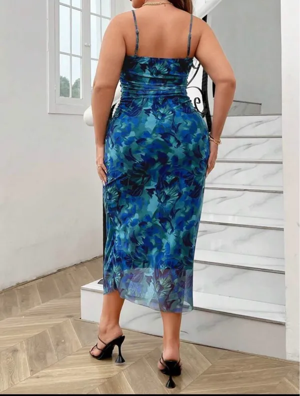 Allover Floral Print Ruched Mesh Cami Dress - Image 2