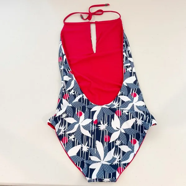 Faherty Caicos‎ Swimsuit Size XS Red Blue Reversible Halter Keyhole One Piece - Image 3
