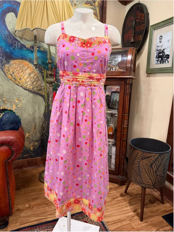 Vintage 2000s Y2K Pink Polka Dot Floral Sundress Midi Cottagecore Mod Retro M - Image 3