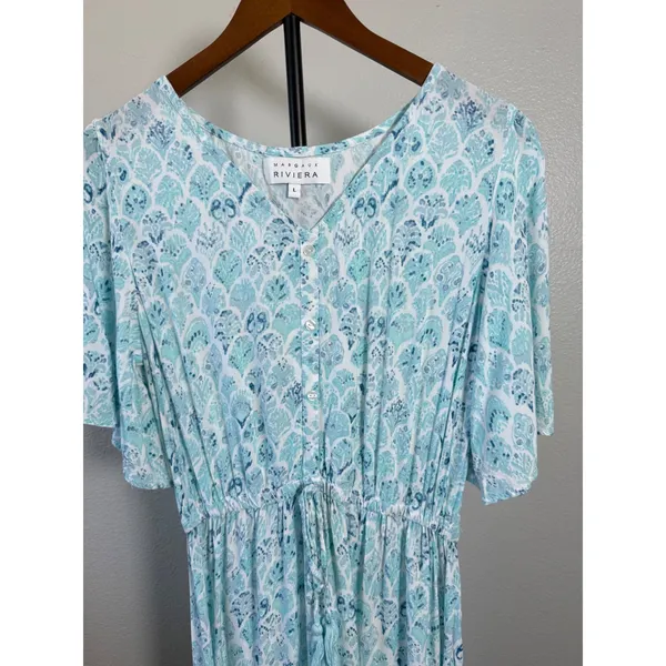 Margaux Riviera Blue White Print Viscose Maxi Dress Flutter Sleeve Size L - Image 7