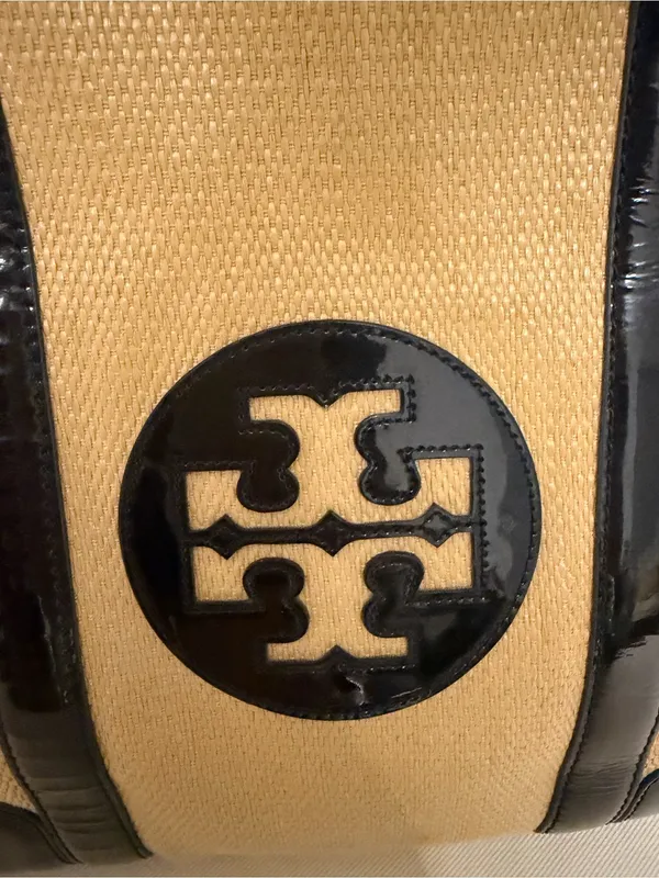 Tory Burch Tan Canvas Tote with Black Patent Leather Trim - Image 3